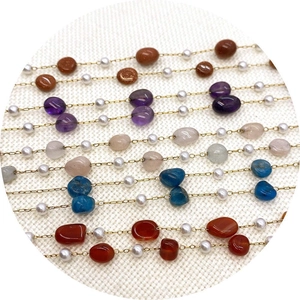 Golden stainless steel chain with natural colorful stones and white pearls for jewelry