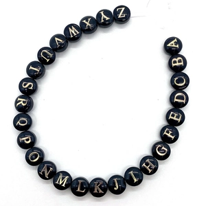 Golden 26 A-Z alphabet shell beads set with black engraved letters for DIY necklaces