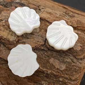 Macro-opname van natuurlijke witte schelpkralen met iriserende glans op hout
