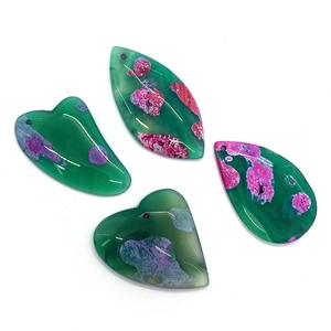 Polished natural agate stone pendants in green and purple, mixed geometric shapes set