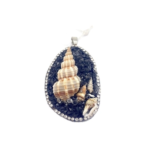 Natural shell pendant with black crushed stones and rhinestones in an oval drop shape