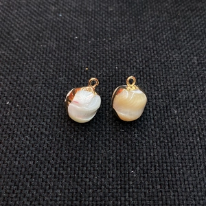 Natural white shell tooth-shaped pendant with gold metal bail on black fabric