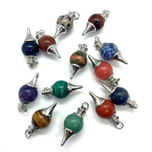 Assorted natural stone pendulum pendants with round malachite and amethyst in silver settings