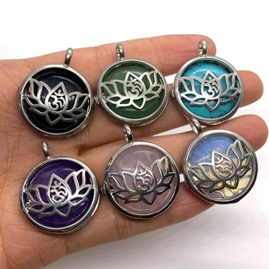 Roestvrij Staal Natuursteen Rond Ajour Lotus Om Symbool Hanger Alleen Zonder Ketting Vintage Yoga Medaillon Sieraden