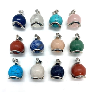 Set of 12 natural stone sphere pendants with silver metal clasps for DIY jewelry making
