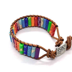 Rainbow gemstone cylinder leather wrap bracelet with vintage floral metal charms