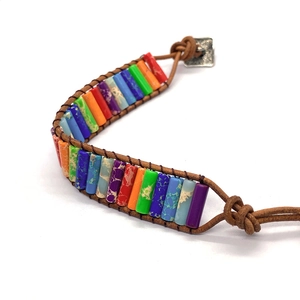 Bohemian woven leather bracelet with colorful natural stone cylindrical beads and vintage button