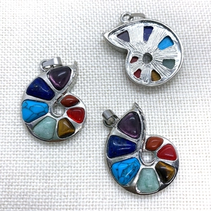 Snail shell natural stone chakra pendant in polished silver zinc alloy setting