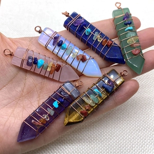 Natural crystal hexagonal pyramid pendants with wire wrap and seven chakra stone accents