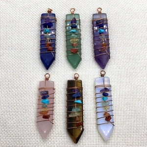 Set of 6 wire-wrapped hexagonal crystal prism pendants with seven chakra stones