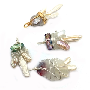 Handcrafted natural stone and baroque pearl pendants with elegant wire wrapping design