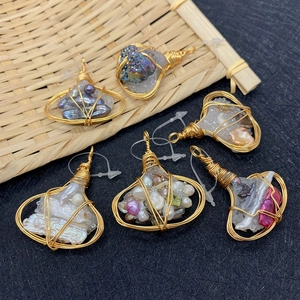 Handmade gold wire-wrapped baroque pearl and raw gemstone irregular pendant accessories