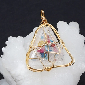 Triangle white crystal pendant with golden wire wrap and colorful stones