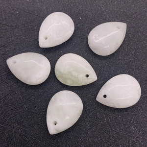 Set of six polished drop shaped natural jade pendants in milky white with green textures