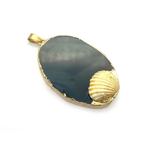 Oval agate stone pendant with gold plating and natural white shell for DIY jewelry