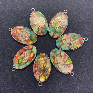 Pendentifs ovales en pierre naturelle avec filigrane Arbre de Vie et bordure argentée