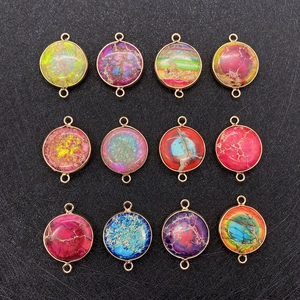 Set of 12 colorful flat round natural stone pendants with gold plated edge connectors