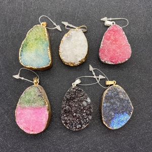 Irregular natural druzy crystal stone pendants with metallic edges and gold silver bails