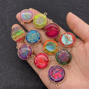 Natural imperial stone round pendant with gold edge and double hole connector for DIY jewelry