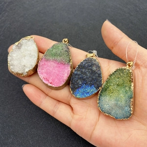 Irregular natural druzy stone pendants with gold plated edges in multiple colors