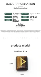 Detailed size chart for natural tiger eye rune stones set with golden engraved symbols