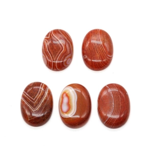 Five oval striped red agate cabochons with natural white banded patterns for DIY jewelry