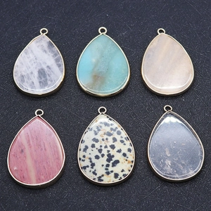 Natural Stone Teardrop Pendant Gold Plated Alloy Wrapped Amazonite Dalmatian Jasper White Crystal DIY Jewelry Making Pendant