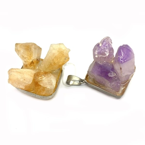 Natural raw amethyst and citrine crystal pendants in silver rectangular settings