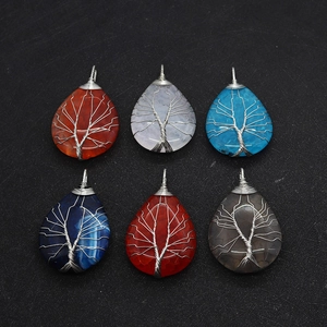 Set of six wire wrapped tree of life teardrop stone pendants in various vibrant colors