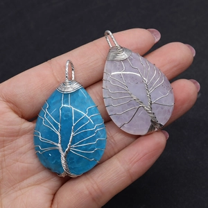 Water drop natural agate stone pendants with silver tree of life wire wrap design
