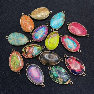 Colorful oval natural stone connectors in gold frames for DIY necklace jewelry making