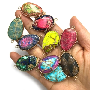 Natural emperor stone oval connector pendants with gold plating for DIY jewelry making