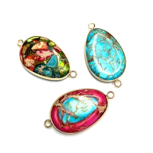 Natural emperor stone oval and teardrop pendants with gold metal connectors for jewelry