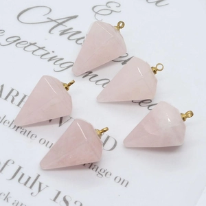 Faceted rose quartz crystal pendant in hexagonal cone shape with gold loop for DIY jewelry