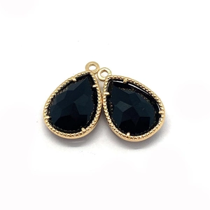 Pair of faceted black stone pear-shaped pendants with golden beaded metal frames
