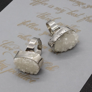 Adjustable silver rings with irregular oval white druzy quartz stones for women