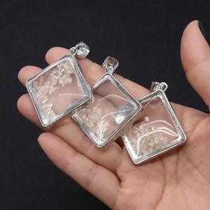 Natural white crystal diamond pendant with silver carved frame and chip stone filling