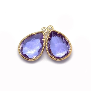 Pair of pear-cut purple crystal teardrop pendants with gold bezel for DIY jewelry