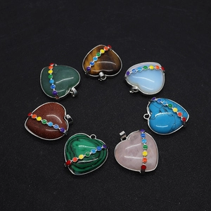 Natural malachite and tiger eye heart pendants with colorful inlaid silver bands
