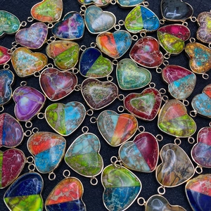 Colorful heart emperor stone pendants with metal edging and double loops for jewelry DIY