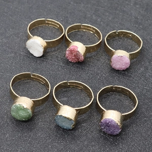 Set of 6 adjustable gold rings with colorful round natural druzy quartz gemstones