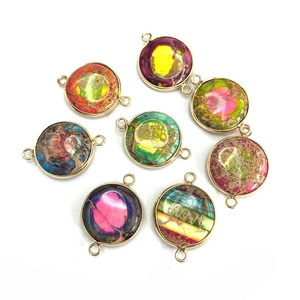 Set of eight round flat imperial stone pendants with gold plating and double connectors
