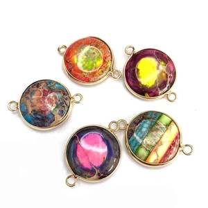 Five-piece set of natural stone emperor jasper connectors with gold metal frames for DIY jewelry