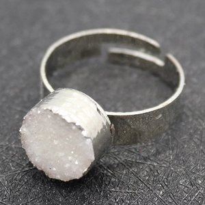 Silver adjustable open ring featuring a 10mm round white druzy stone in bezel setting