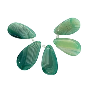 Natural green agate water drop pendants with striped textures and clear hangers on white background
