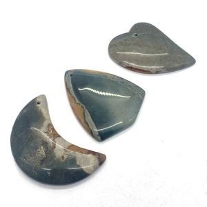 Polished lime green agate pendants in heart, moon, and shield shapes with pre-drilled holes