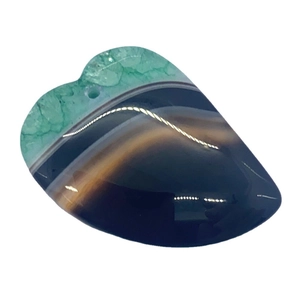 Natural heart-shaped striped agate stone pendant with green crystals and polished finish