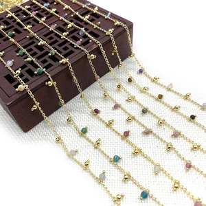 Gold Plated Copper Jewelry Making Chain With Colorful Natural Stone Beads Faceted Round Gemstone Beaded Chain For DIY Necklace Bracelet Making Finding