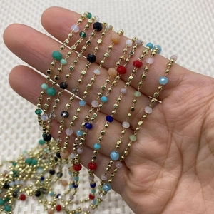 Colorful natural stone faceted crystal square beads with gold plated copper chain strands
