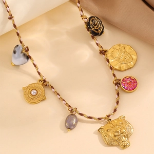 Collier tressé en titane avec tête de léopard, fleur de soleil et perles de luxe